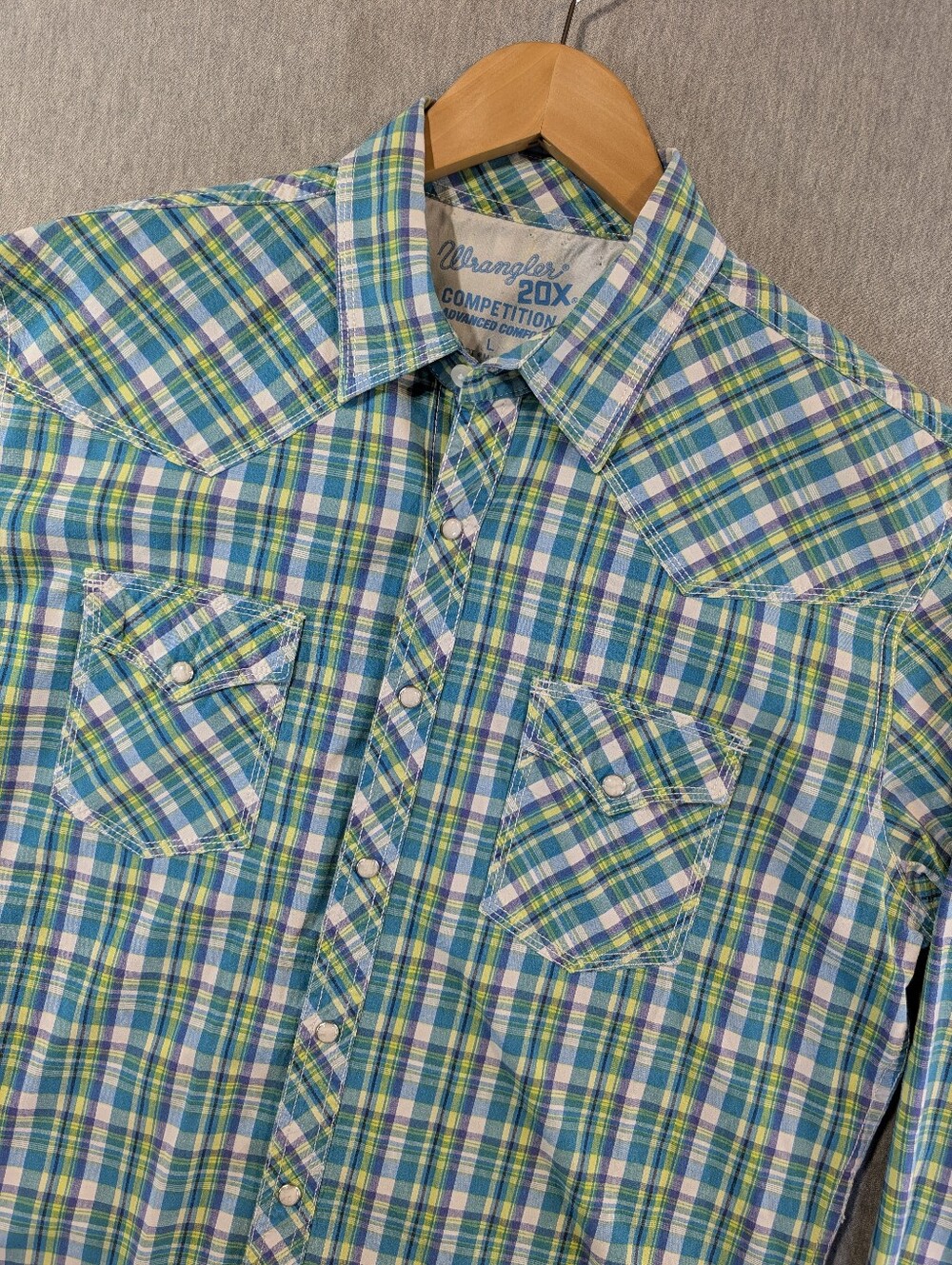 Wrangler 20X Competition Plaid Wester Shirt Men's Green Blue Pearl Snap